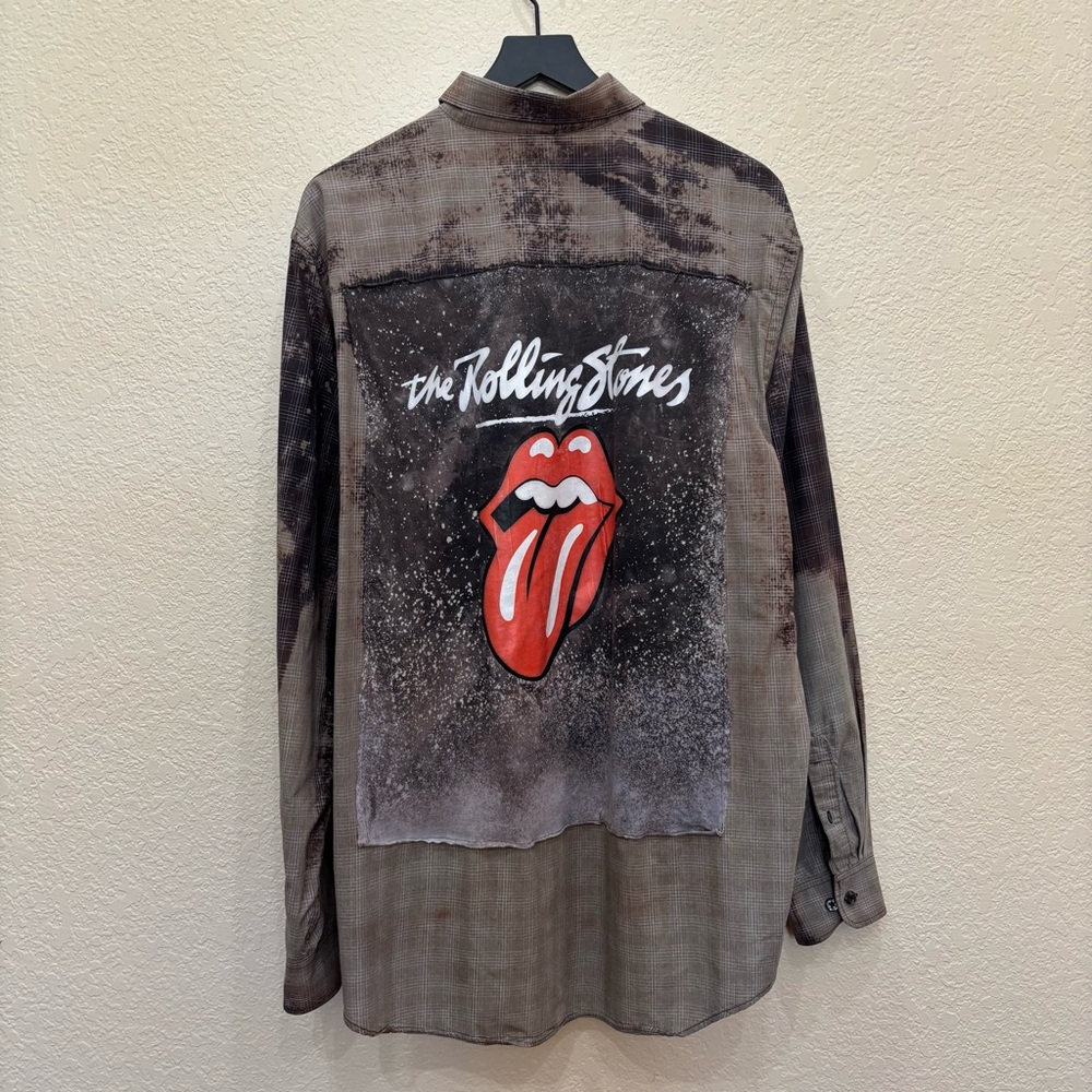 The Rolling Stones Reworked Upcycled Bleached Plaid Flannel Shirt Grunge Rock